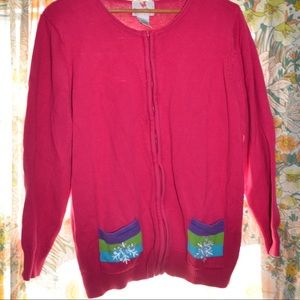 snowflake zip up pink sweater